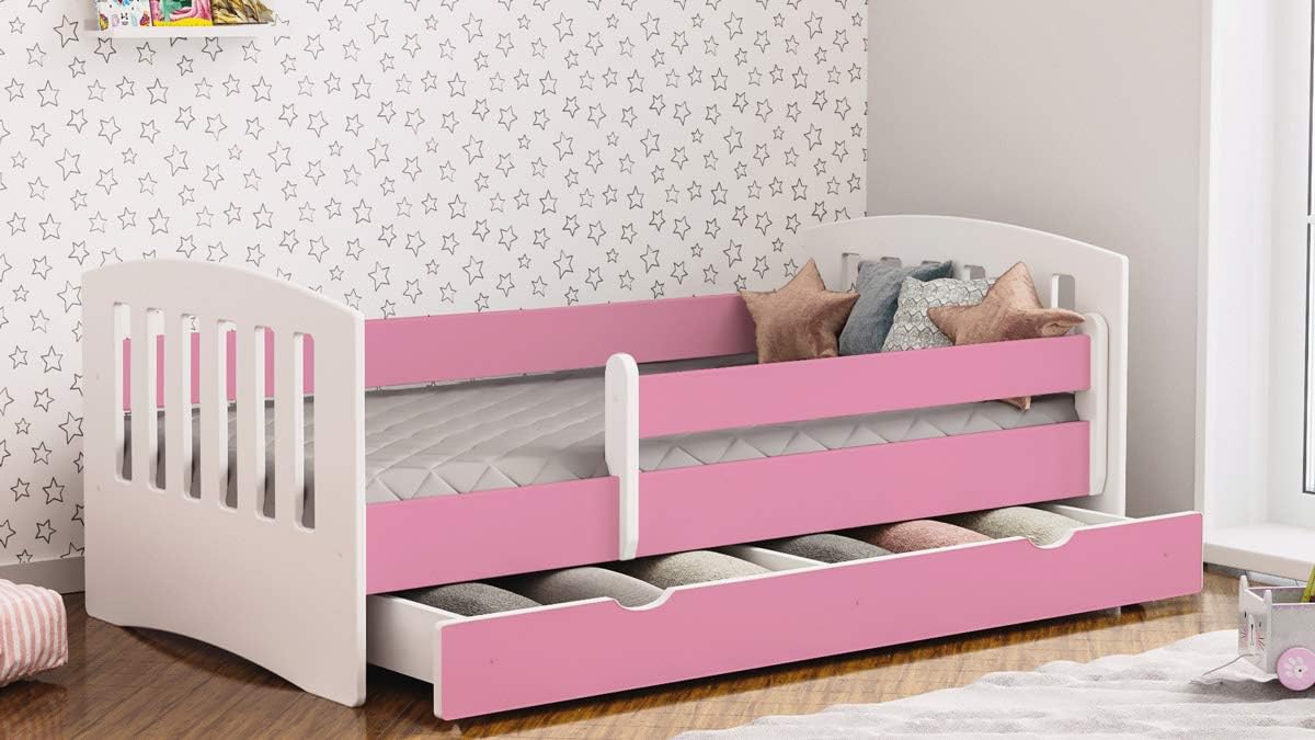 Toddler Bed Kids Bed Junior Children's Single Bed with Mattress and Underbed Drawer Included - Classic (Pink,180x80)