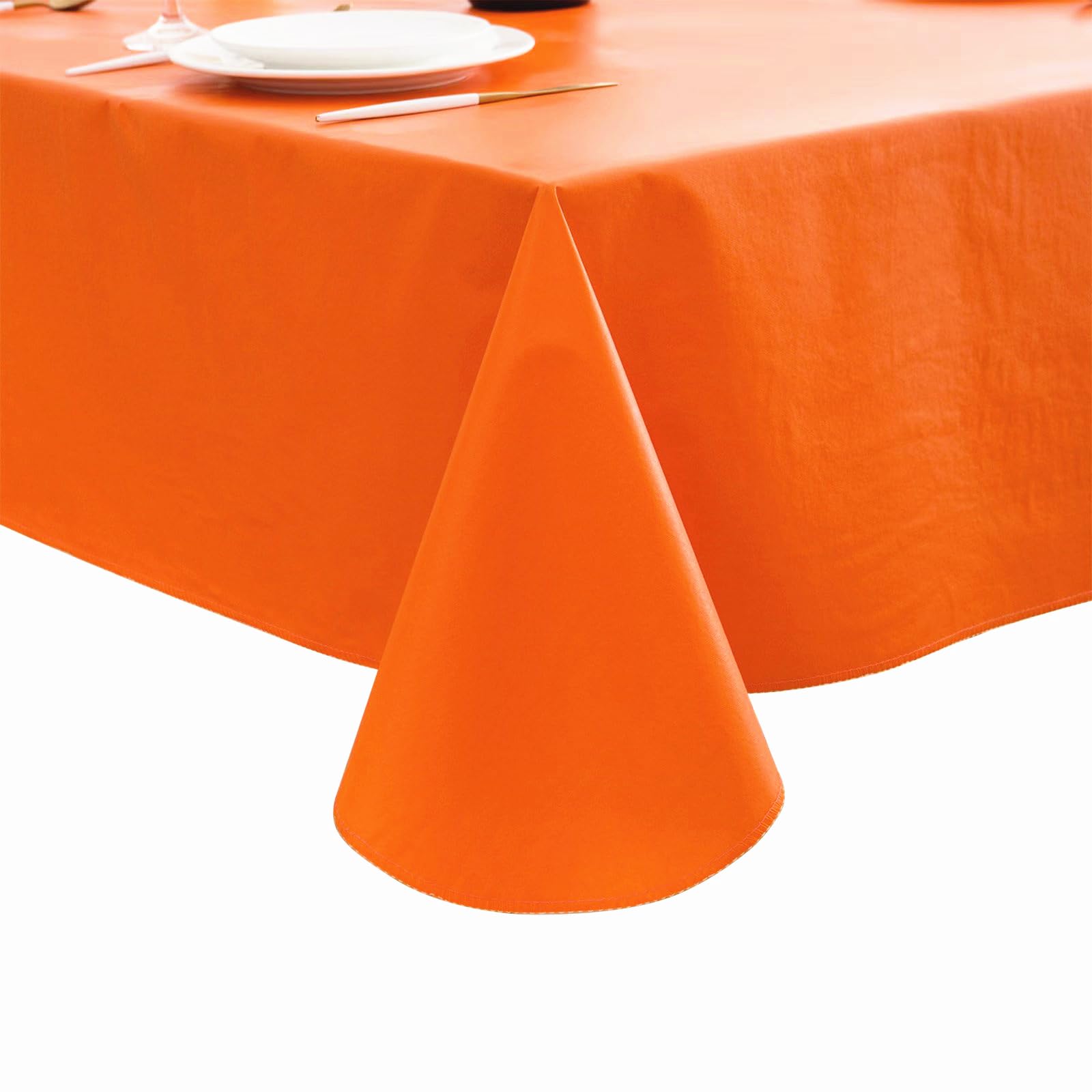 Photo 1 of Pioggia Vinyl Tablecloth with Flannel Backing Rectangle Waterproof Oil-Proof Plastic Table Cloth Wipeable PVC Table Cover for Indoor and Outdoor (Orange, 60 x 102 Inch)