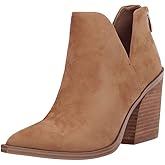 FISACE Womens Pointed Toe Stacked Mid Heel Ankle Boots V Cut Back Zipper Faux Leather Booties