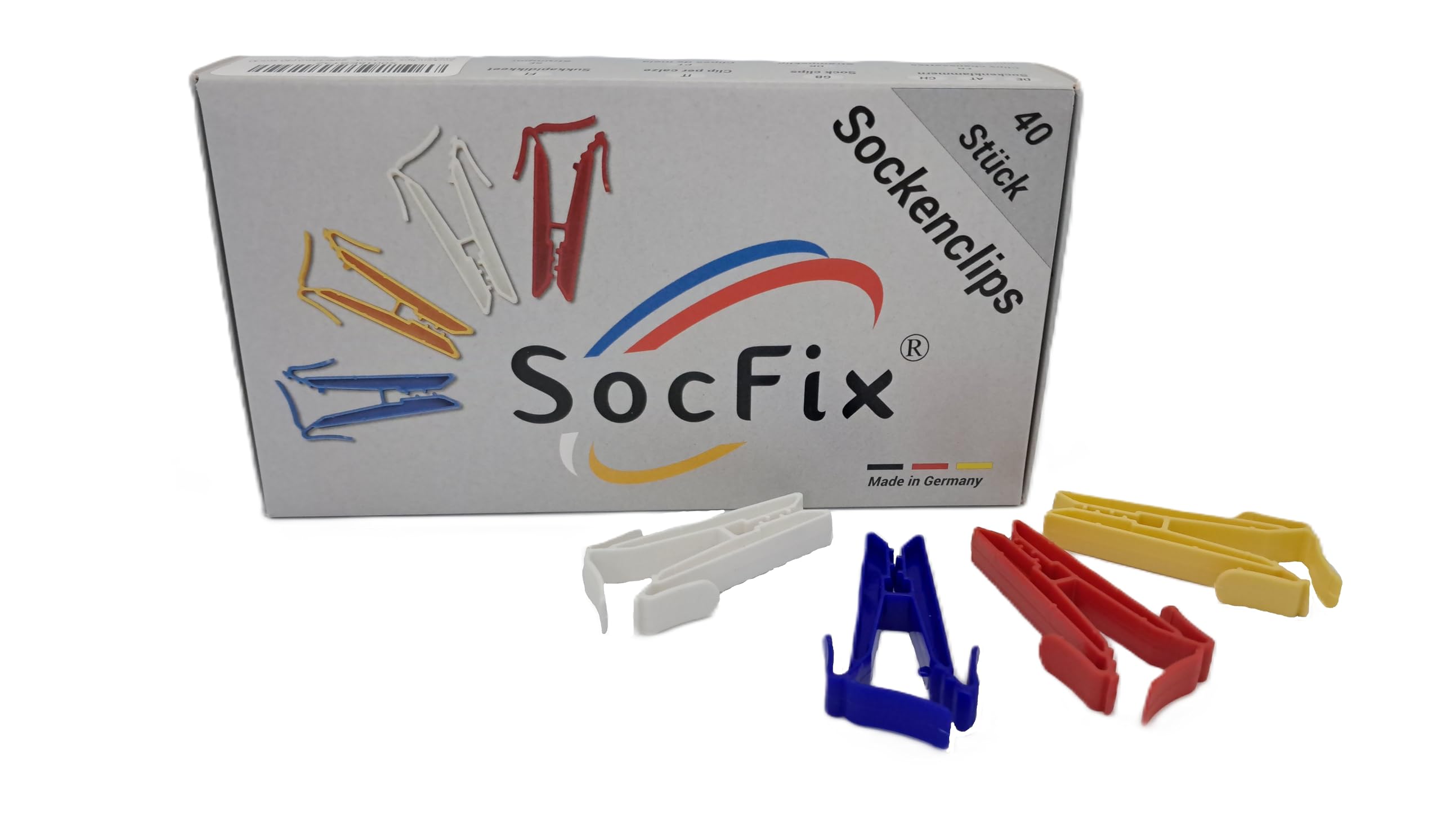 40 pcs. sock clips; sock pegs (white, blue, red, yellow)