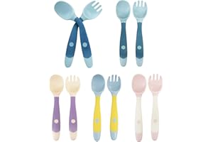 DF DUALFERV 10 Pcs Toddler Utensils, Spoons and Forks Set with Bendable Handle, 5 Forks and 5 Spoons, Baby Feeding Set for Self Feeding