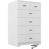 FJTJBSI Dresser with Power Outlets Wooden 6 Drawer Dresser with Large Organizer White Tall Storage Organizer with Smooth Metal Rail Modern Chest of Drawers Closet for Bedroom Hallway