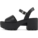 Soda “Stacie” ~ Women Open Toe Lug Sole Mid Block Heeled Sandals with Adjustable Ankle Strap