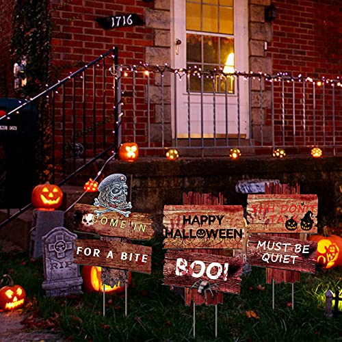 Flagicon Halloween Decorations Outdoor Yard Signs, 3pcs Beware Warning Yard Signs Scary Decor Lawn Signs with Stakes Theme Party Supplies for Outside Garden, Lawn Yard Party Decorations