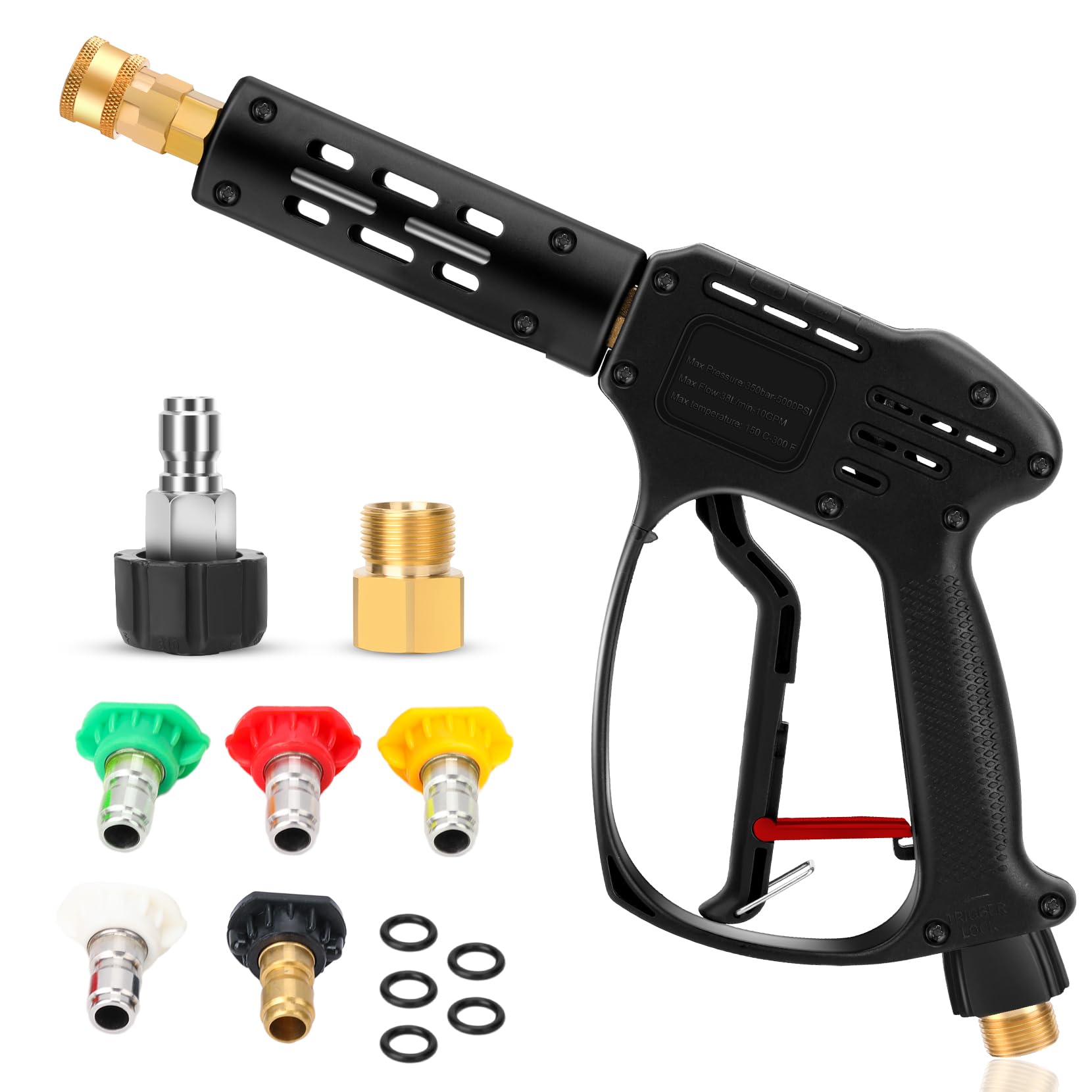 Photo 1 of Pressure Washer Gun, 5000 PSI Max High-Pressure Washer Extension Wand with 5 nozzles, M22 14MM Swivel Connect & M22 15MM & 3/8" Quick Connect, Power Washer Gun for Driveway, Yard, Fence, Car, Vehicle