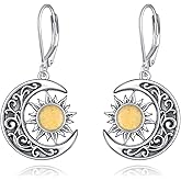 VONALA Sun and Moon Earrings - Sterling Silver Crescent Moon and Sun Dangle Drop Earrings - Celestial Jewelry Gift for Women