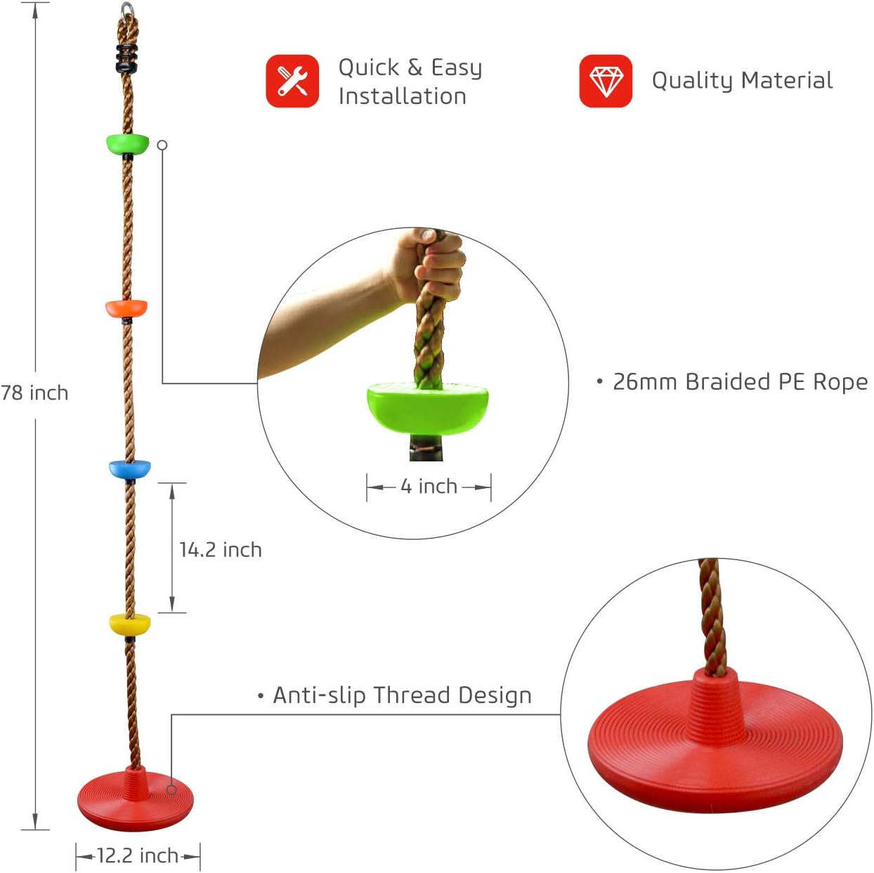 HAPPY PIE PLAY&ADVENTURE Kids Four Knotted Platforms Climbing Rope for Playground Sets / Tree House Exercise Toy (Multicolor, Red Base): Sports & Outdoors