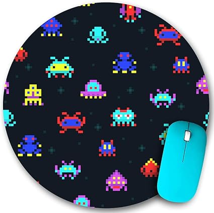 Amazon Kapanou ラウンドマウスパッド カスタムマウスパッド かわいいピクセルロボットスペースインベーダーレトロビデオコンピューターゲームピクセルモンスター Pc ノートパソコン オフィス用 円形 デスクマット ズされたゲーミングマウスパッド 滑り止め 耐久性