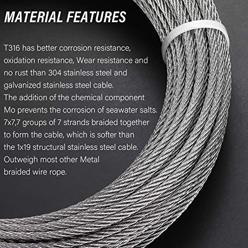 Favordrory 1/8 Inch T316 Marin Grade Stainless Steel Aircraft Wire Rope Cable for Railing, Decking, DIY Balustrade, 7x7 Construction, 100 Feet - Thumbnail 3