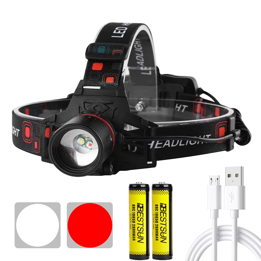 XLENTGEN Head Torch Rechargeable 1000 Lumens LED Headlamp with White and Red Light, Adjustable Focus, 4 Modes Waterproof Head Lamp for Camping Fishing, Hunting