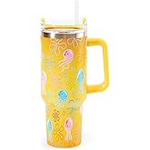 Whaline 40oz Cartoon Sponge Tumbler with Handle Straw and Lid Ocean Themed Travel Tumbler Flower Bubble Jellyfish Coffee Cup for Friend Holiday Birthday Party Favors