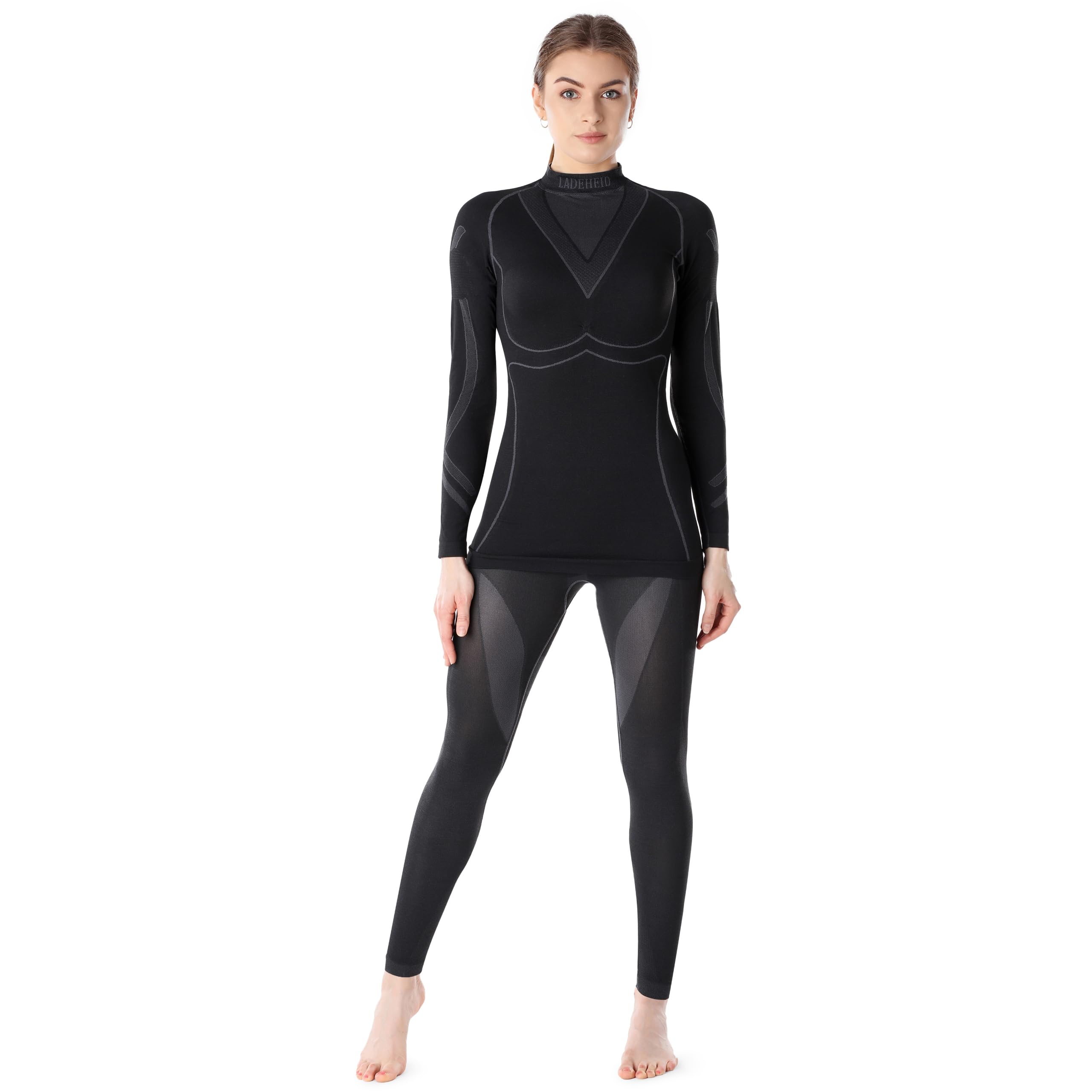 Ladeheid Women's Functional Underwear Set Shirt Long Sleeve Long Johns Thermoaktiv LAGI006 (Black/Graphite, M)
