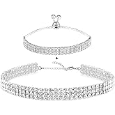 EFTOM Rhinestone Choker Necklaces Set Silver Sparkly Diamond Choker Tennis Bracelet Necklace Set for Women