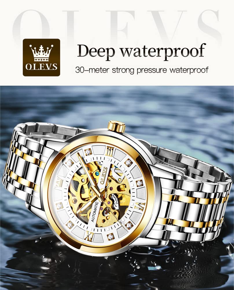 OLEVS Men’s Gold Skeleton Watch Automatic Mechanical self Winding Luxury Dress Stainless Steel Waterproof Luminous Wrist Watches