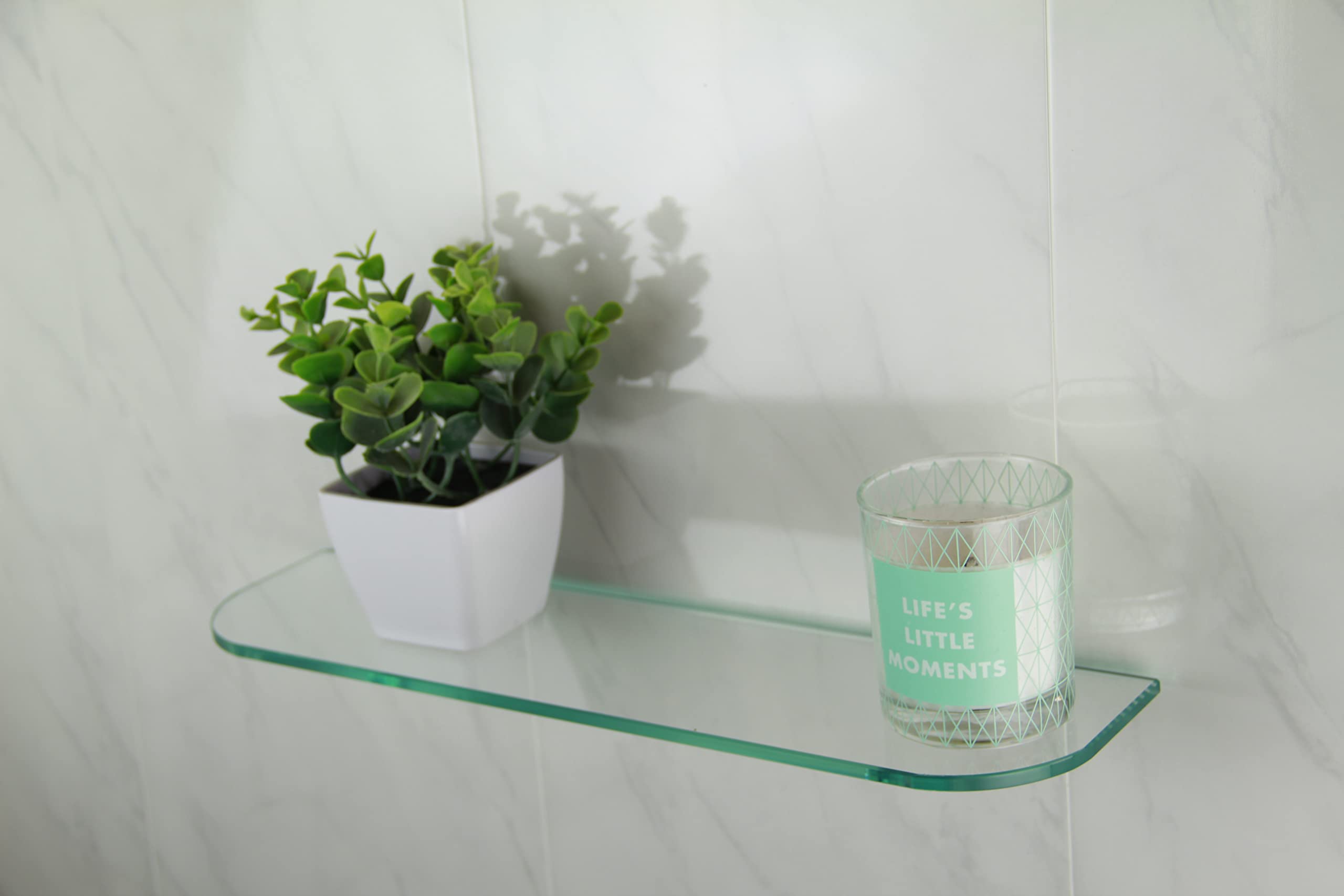 BSM Marketing Set of Two Glass Shelves with Curved Corners 6mm Thick Toughened Glass Clear Bathroom Kitchen Bedroom 400mm x 100mm (16" Approx) with Large Chrome Finish Supports
