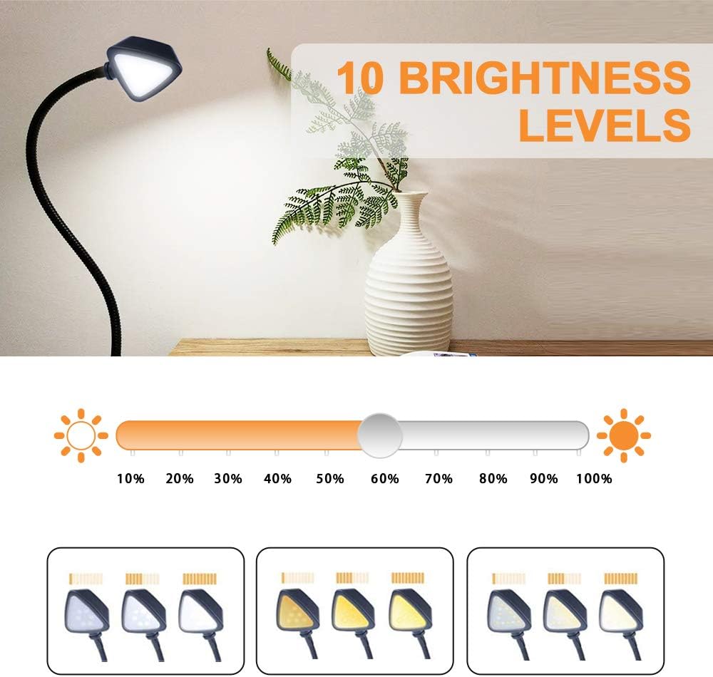LuminoLite 12 LED Adjustable Reading, 10 Brightness Level x3 Colors Book Lamp, Clip Light for Desk, Bed Headboard, Black - - 