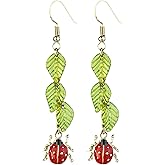 Green Ladybug Dangle Earrings, Vintage Gold Plated Acrylic with Red Enamel, Lightweight Hypoallergenic Animal Tassel Drop Jewelry for Women