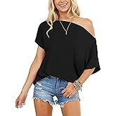 Mcnlyce Off the Shoulder Tops for Women Short Sleeve Batwing Shirts Oversized Tee Tunic Summer Casual Loose Fit