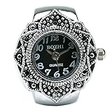 Fashion Lovely Creative Tibet Silver Petal Flower Quartz Finger Ring Watch with Gift Box