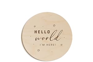 The Cotton & Canvas Co. Hello World I'm Here with Stars Newborn Baby Announcement, Nursery Sign, Nursery Decor, Baby Shower, Modern, Wooden Plaque, Birth Prop