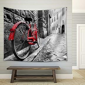 Retro Vintage Red Bike on Cobblestone Street in The Old Town. Color in Black and White. Old Charming Bicycle Concept - Fabric Wall Tapestry Home Decor - 51x60 inches