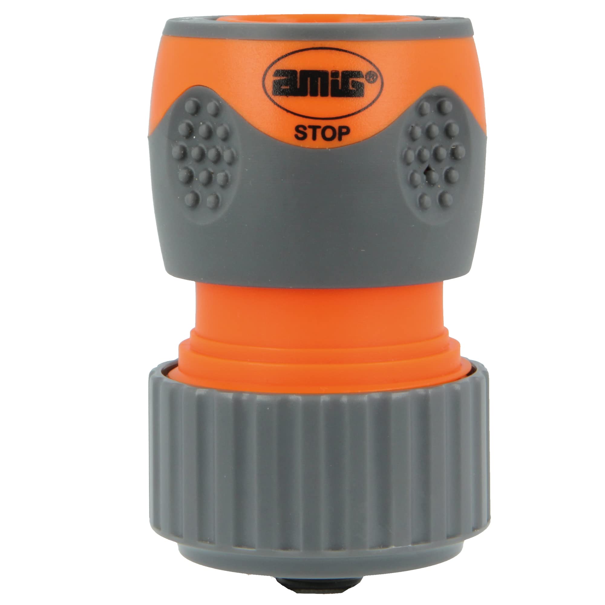 Amig - Quick Connector for Hose, 3/4 inch, with Quick Anchor System by Click, Safety Stop Function, ABS Plastic and Rubber, Orange and Grey