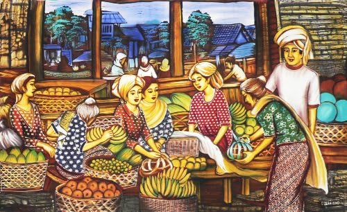 Original Batik Art Painting on Cotton Fabric, 'Marketplace' by Dolah (150cm x 90cm)
