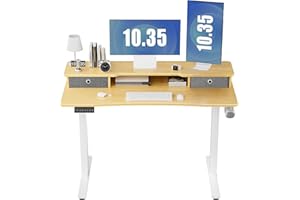DUMOS 48 Inch Electric Standing Desk with Double Drawers Height Adjustable Sit Stand Up PC Work Table Ergonomic Rising Home Office Computer Workstation with Storage Shelf