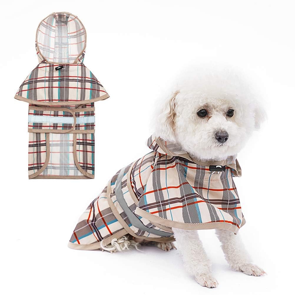 KOOLTAIL Dog Raincoat Waterproof, Adjustable Breathable Lightweight Raincoat For Dogs With Lead Hole,Cute Hooded Dog Rain coat With Reflective Strip For Small Medium Dogs, Beige Plaid M
