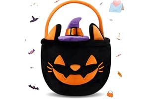 HappySpot Halloween Trick or Treat Bucket,9.8 X 15.2 inches Halloween Black Cat Plush Tote Bags,Candy Basket with Handle for Halloween Party Favor Supplies Kids Toddler Gift bucket
