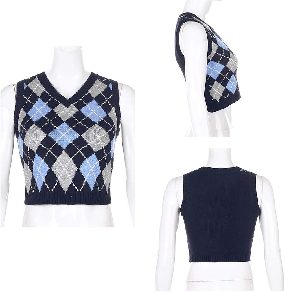 Grneric Women Argyle Preppy Style Sweater Vest Sleeveless V Neck Knitwear Knit Tank Top at  Women’s Clothing store