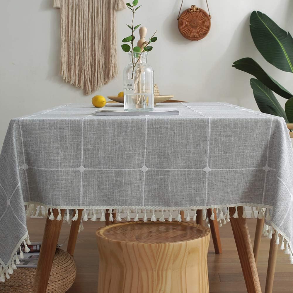 Plenmor Heavy Duty Cotton Linen Tablecloth Dust-Proof Tassel Table Cloth Cover for Kitchen Dinning Farmhouse Tabletop Decoration (140x180 cm, B-Grey)