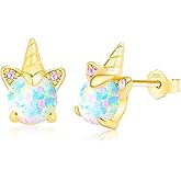 Unicorn Earrings for Girls, Hypoallergenic S925 Sterling Silver Earrings for Kids ARSKRO Small Tiny Cute Fire Opal Stud Earrings Jewelry Gifts for Sensitive Ears Little Toddlers Teen Girl