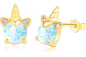 Unicorn Earrings for Girls, Hypoallergenic S925 Sterling Silver Earrings for Kids ARSKRO Small Tiny Cute Fire Opal Stud Earrings Jewelry Gifts for Sensitive Ears Little Toddlers Teen Girl