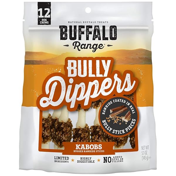 BUFFALO RANGE RAWHIDE DOG TREATS | HEALTHY, GRASS-FED BUFFALO JERKY RAW HIDE CHEWS | HICKORY SMOKED FLAVOR | JERKY KABOB WITH BULLYPIECE | 12 COUNT