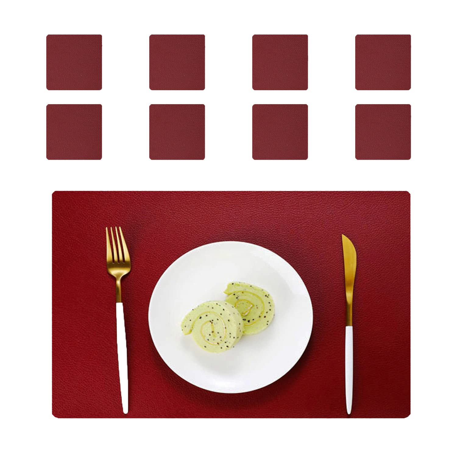 BECHEN Placemat and Coaster Set of 8,Waterproof Artificial Leather Heat Resistant Placemat Washable Table Mats Sets (Red)