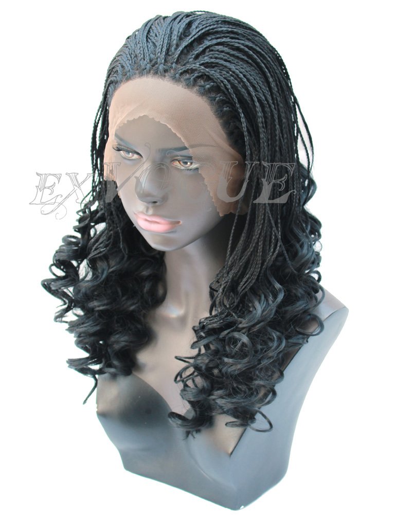 Riglamour Micro Braids Wig with Wavy End Black Synthetic Hair Half Braided Wigs