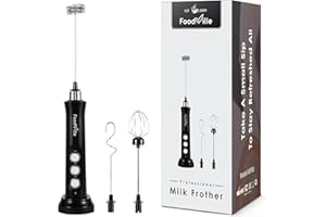FoodVille MF09 3 in 1 Rechargeable Milk Frother Handheld Foam Maker with Charging Stand & 3 Stainless Steel Whisks (Black without Case)