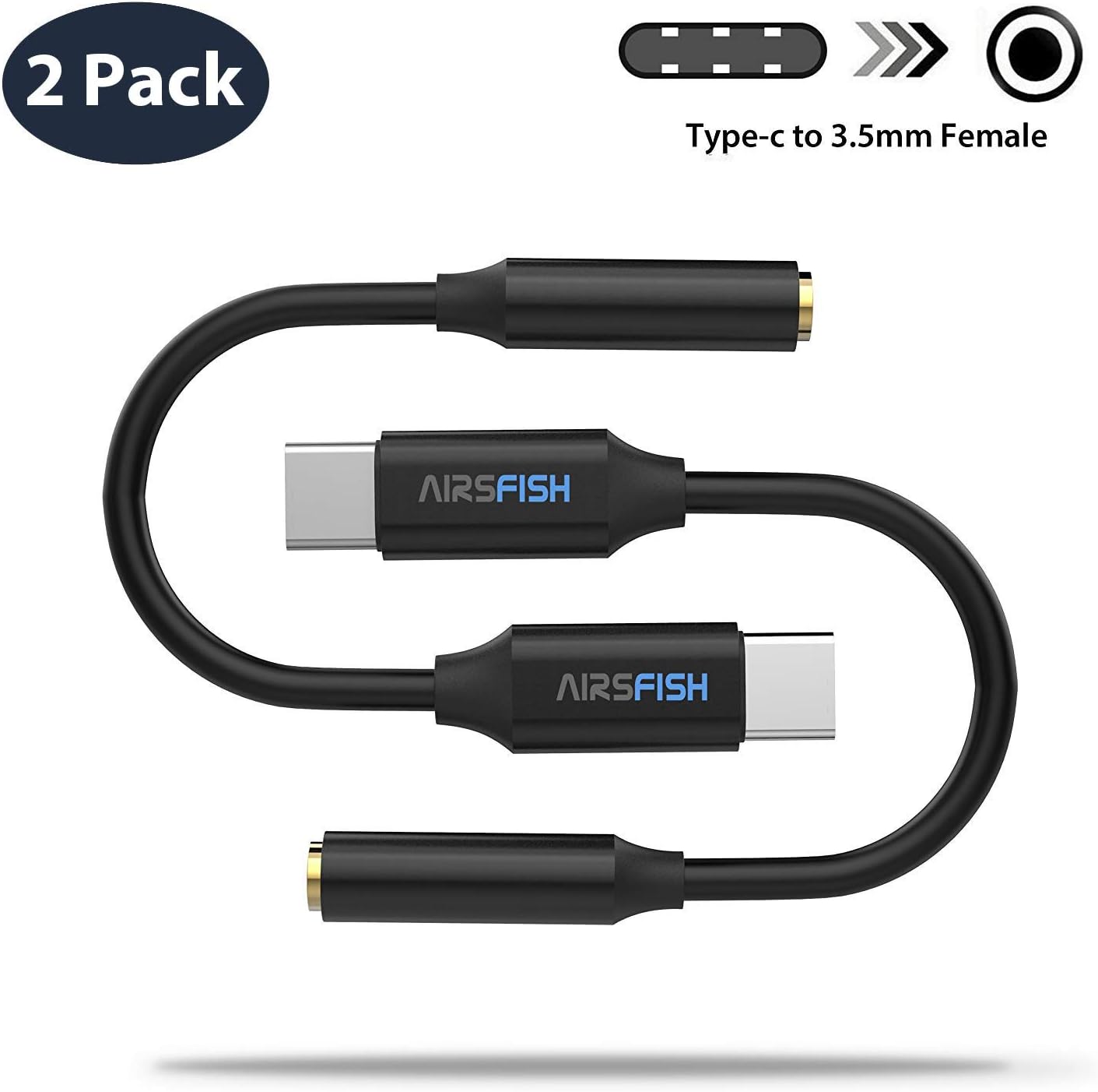 AirsFish Compatible with Pixel 3 Usb C to 3.5mm Audio Adapter Stereo Earphone Converter Realtek Chip/Hi-res/DAC Headphone Cord for Pixel 3/3XL 2/2XL, HTC U11, Moto Z2, Samsung S9/S8/N8, Nexus (2 pack)