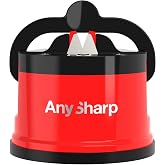 AnySharp &ndash; GLOBAL &ndash; Easy to Use, Hands Free Knife Sharpener - Red | Sharpening Tool with PowerGrip Suction Base and 20-Deg Pre-set Angle - For All Knives: Chef&rsquo;s, Serrated, and Hardened Steel