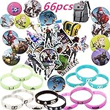 Fort nite Party Supplies 66pcs with Bracelets Kids Birthday Party Favors - GLOW IN THE DARK 14 Fort nite Badge Pins 12 Set of 40 Stickers Variety Waterproof Car Bicycle Luggage Computer Stickers Kids Adults