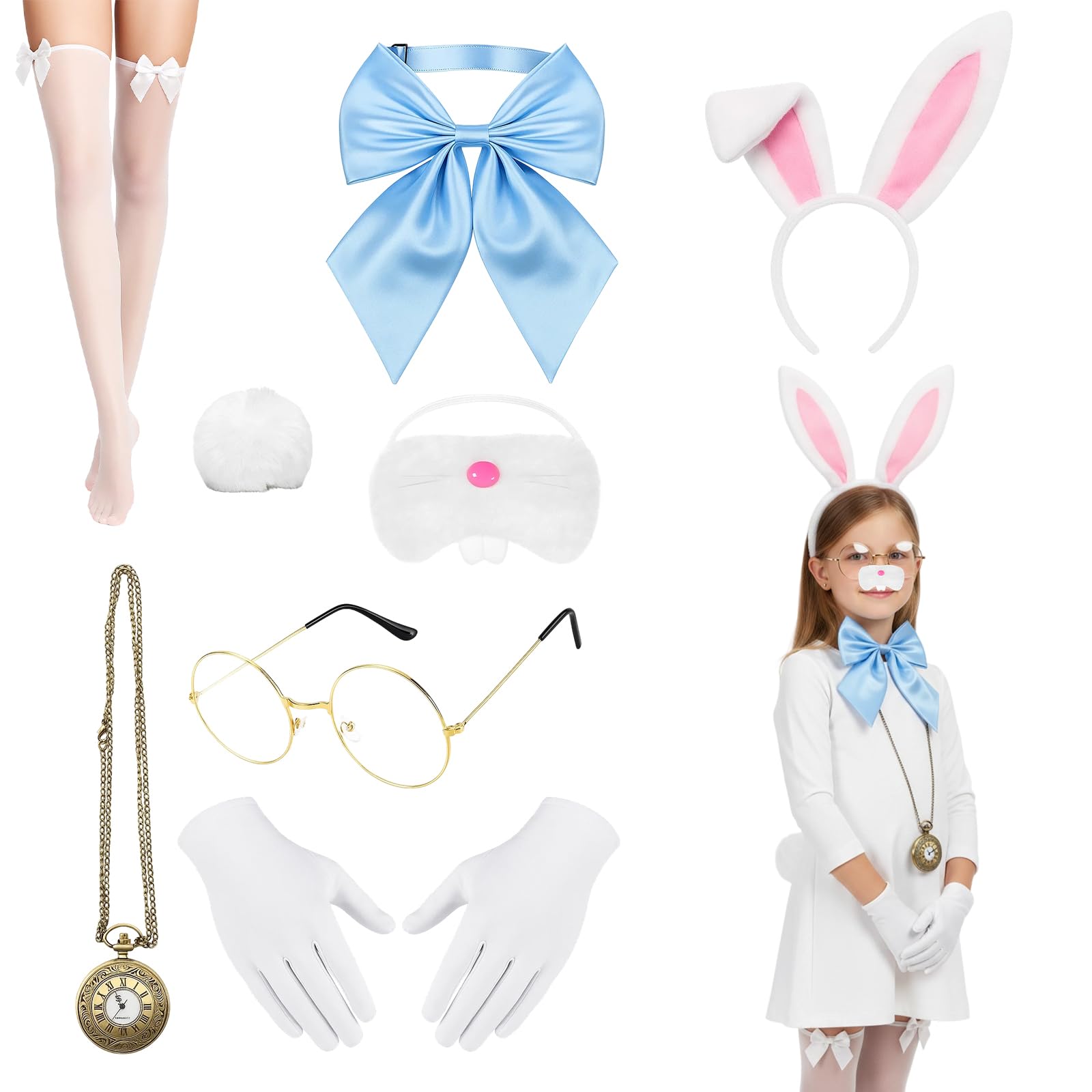 GxouQcn White Rabbit Costume, 8 Pcs Wonderland Bunny Outfit with Headband Nose Tail Gloves Pocket Watch and Glasses, Ideal for Halloween, Would Book Day and Easter Carnivals