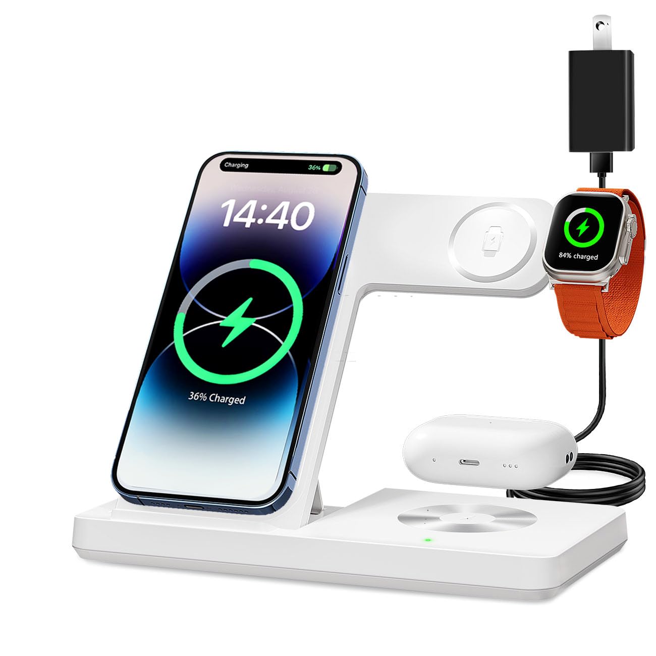 Photo 1 of (MISSING CHARGER PLUG AND CORD) 3 in 1 Charging Station for Multi Devices, Wireless Charger for iPhone 8-16 Series & Apple Watch, Wireless Charging Station for AirPods Pro/4/3/2