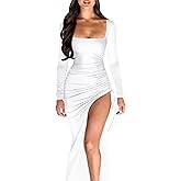 GOKATOSAU Women's Square Neck Long Sleeve Split Drawstring Bodycon Ruched Long Maxi Dress