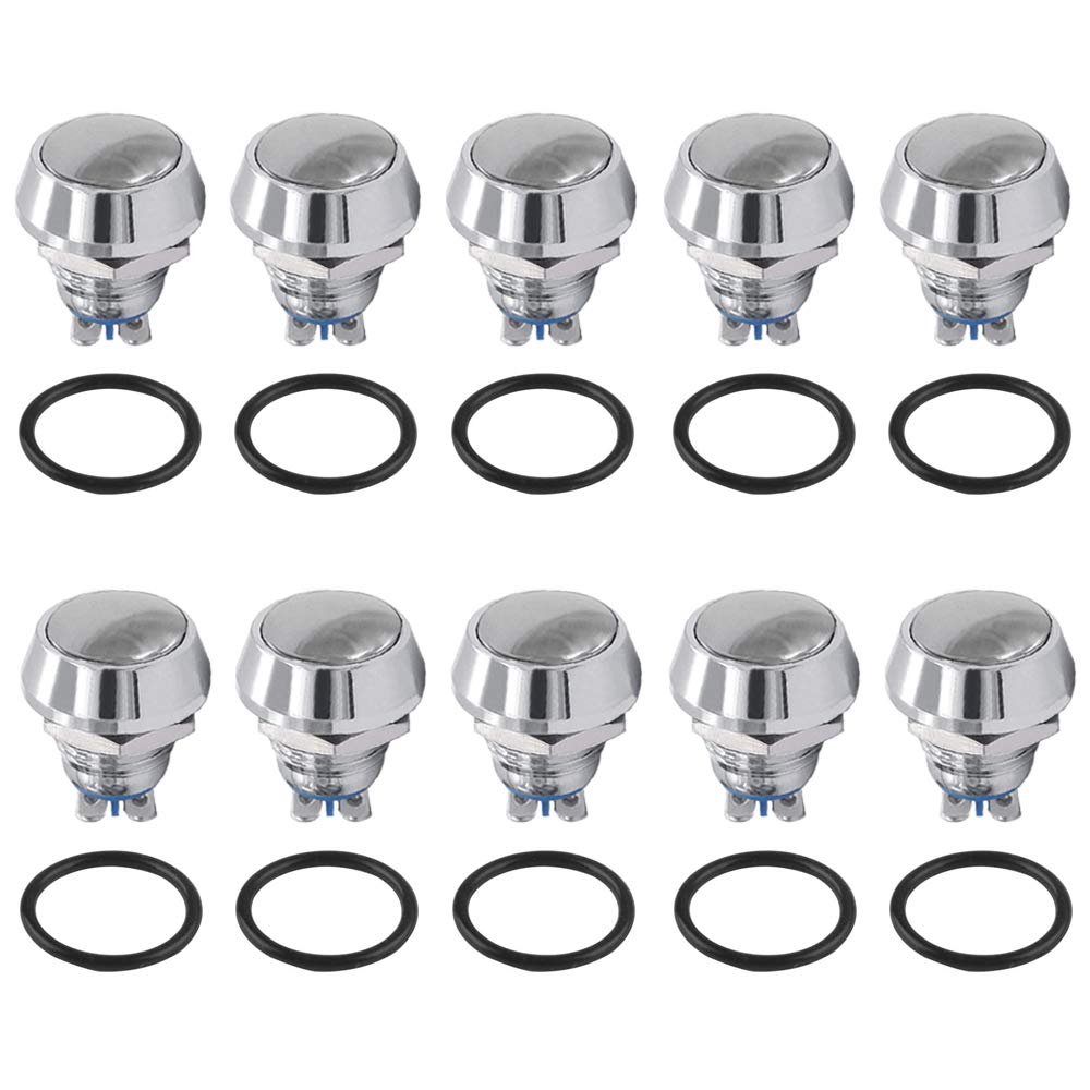 QitinDasen 10Pcs Premium 12mm Metal Momentary Push Button Switch, 2 Pin Screw Terminal IP65 Waterproof Push Button Start Switch, Round Head Push Button (Silver)