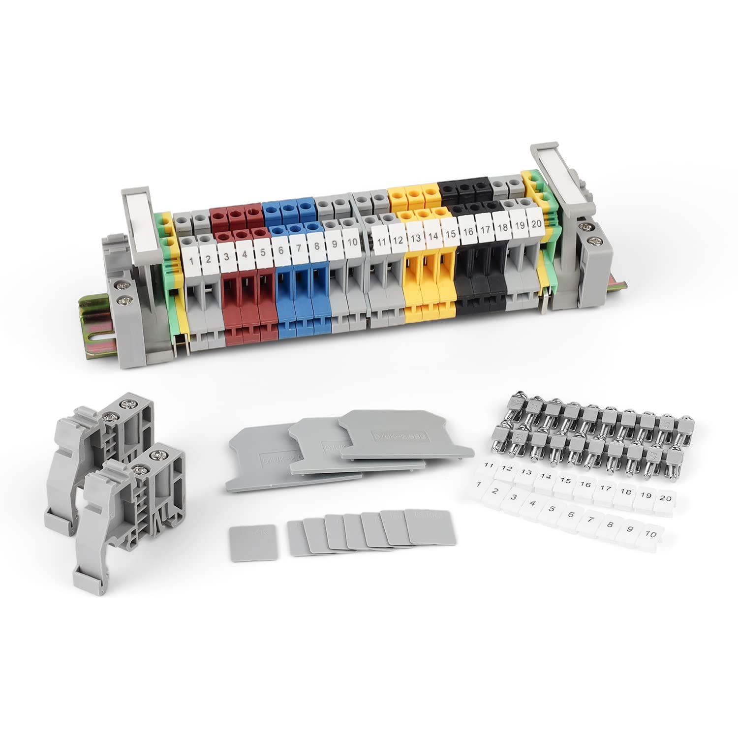 Din Rail Connectors, Her Kindness DIN Rail Terminal Blocks Kit, UK-2.5B 12 AWG Terminal Blocks, Ground Blocks, FBI-10-6-Steckbrücken, UK-B1,ZB6, E/UK End Brackets, UK-2.5B End Covers, DIN Rail