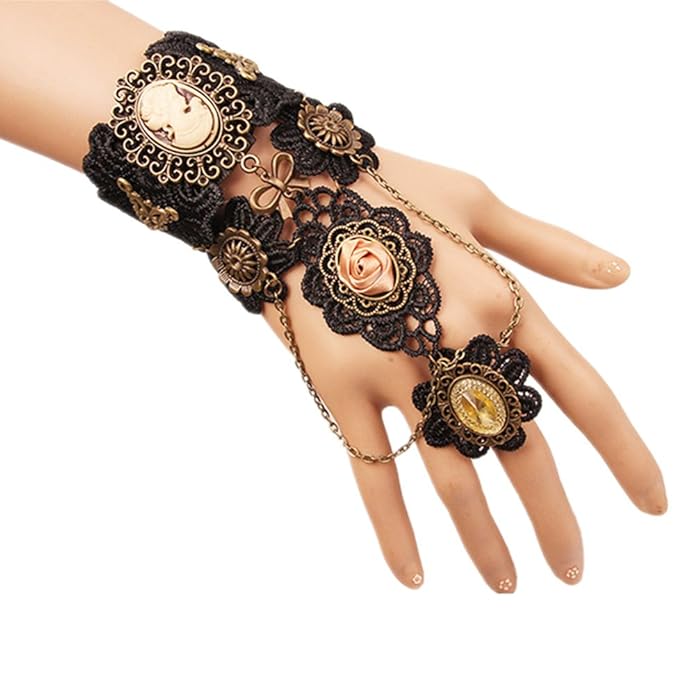 MEiySH Gothic Lolita Retro Steampunk Gear Lace Slave Bracelet Wristband Black Flower Ring