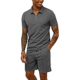Mens 2 Piece Zip Tracksuit Short Sleeve Printed Polo Shirt and Shorts Pants Sets Summer Casual Outfits for Men