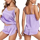 Ekouaer Silk Pajamas for Women Satin Cami Pjs Set V Neck Camisole Shorts Set Adjustable Strap Sleepwear
