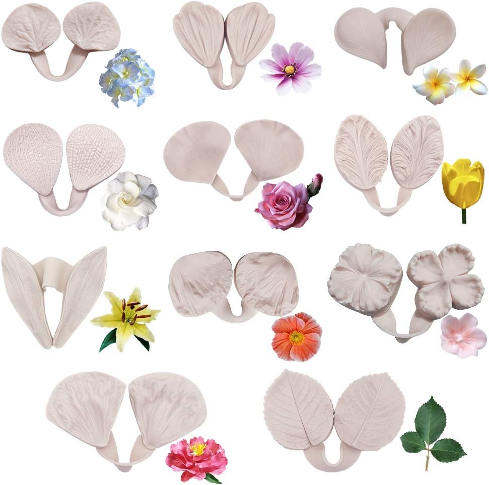 22pcs Gumpaste Flower Silicone Mold- Fondant Silicone Veining Mold, Sugarcraft Flower Making Tools for Gumpast Rose Peony Lily Calliopsis Tulips Wedding Flower Cake Decorating